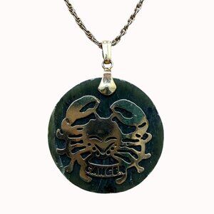 Cancer Zodiac Pendant Necklace Gold-Tone Chain & Green‎ Stone Astrology Vintage